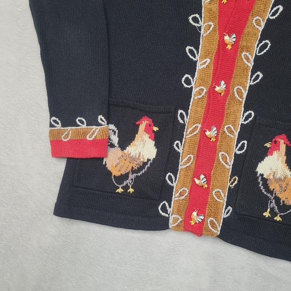 Vintage 90s STORYBOOK KNITS Rooster Cottage Cardigan Sweater Womens XS Black - Picture 7 of 11